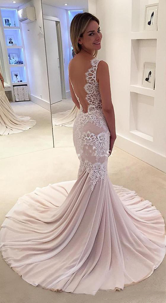 2019 Pink Champagne Mermaid Prom Dresses See Through Sweep Train Appliques Long Formal Evening Party Gowns Special Occasion Dress Plus Size