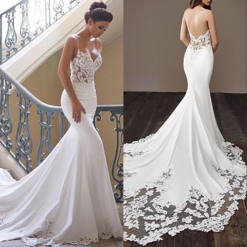 Spaghetti Backless Mermaid Dresses Satin Lace Applique Sweep Train Wedding Bridal Gowns Custom Cheap