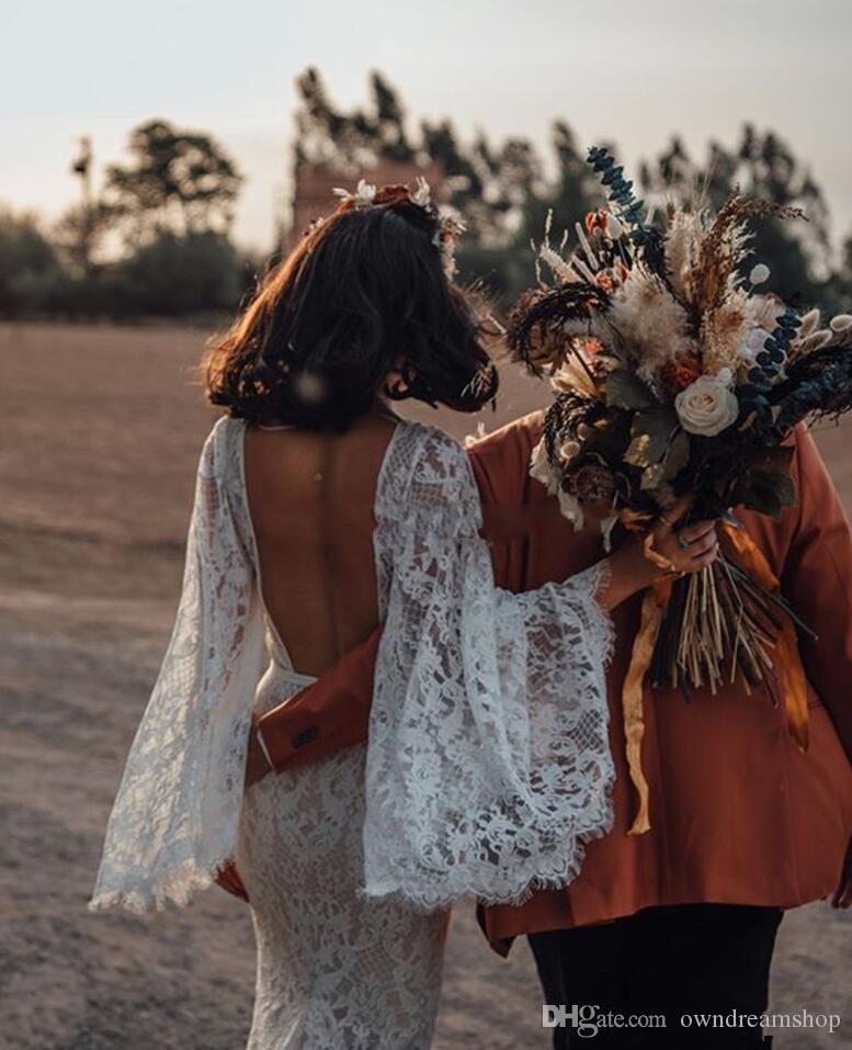 Sexy Bohemian Cheap Full Lace Mermaid Dresses V Neck Puffy Long Sleeves Backless Floor Length Plus Size Wedding Dress Bridal Gowns