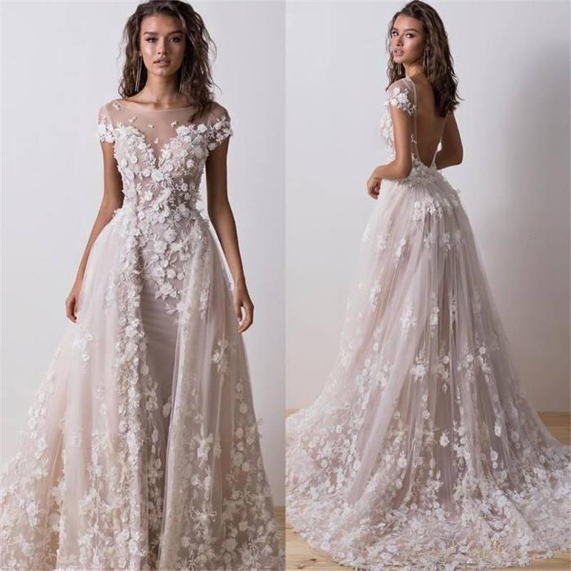 2019 Lace Mermaid Wedding Dresses With Detachable Train 3D Floral Appliques Short Sleeve Bridal Gowns Backless Beach Wedding Dress