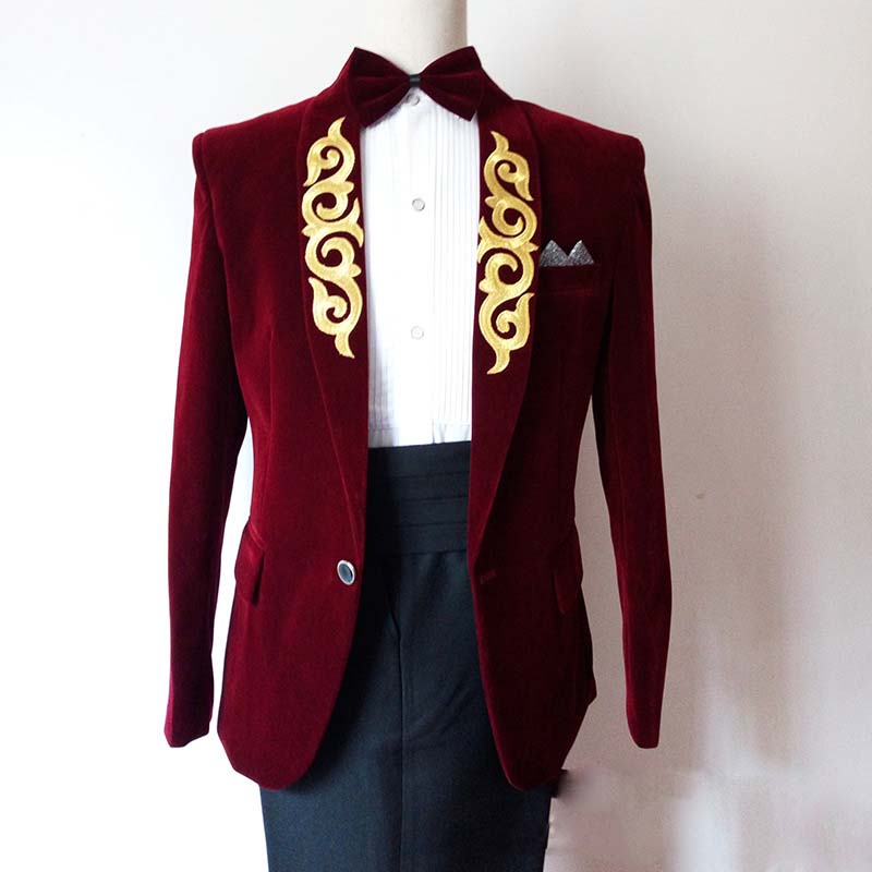 2019 Embroidery Velvet Mens Designer Jackets Shawl Lapel Black Burgundy Blue Groom Tuxedos Men Suits In Stock