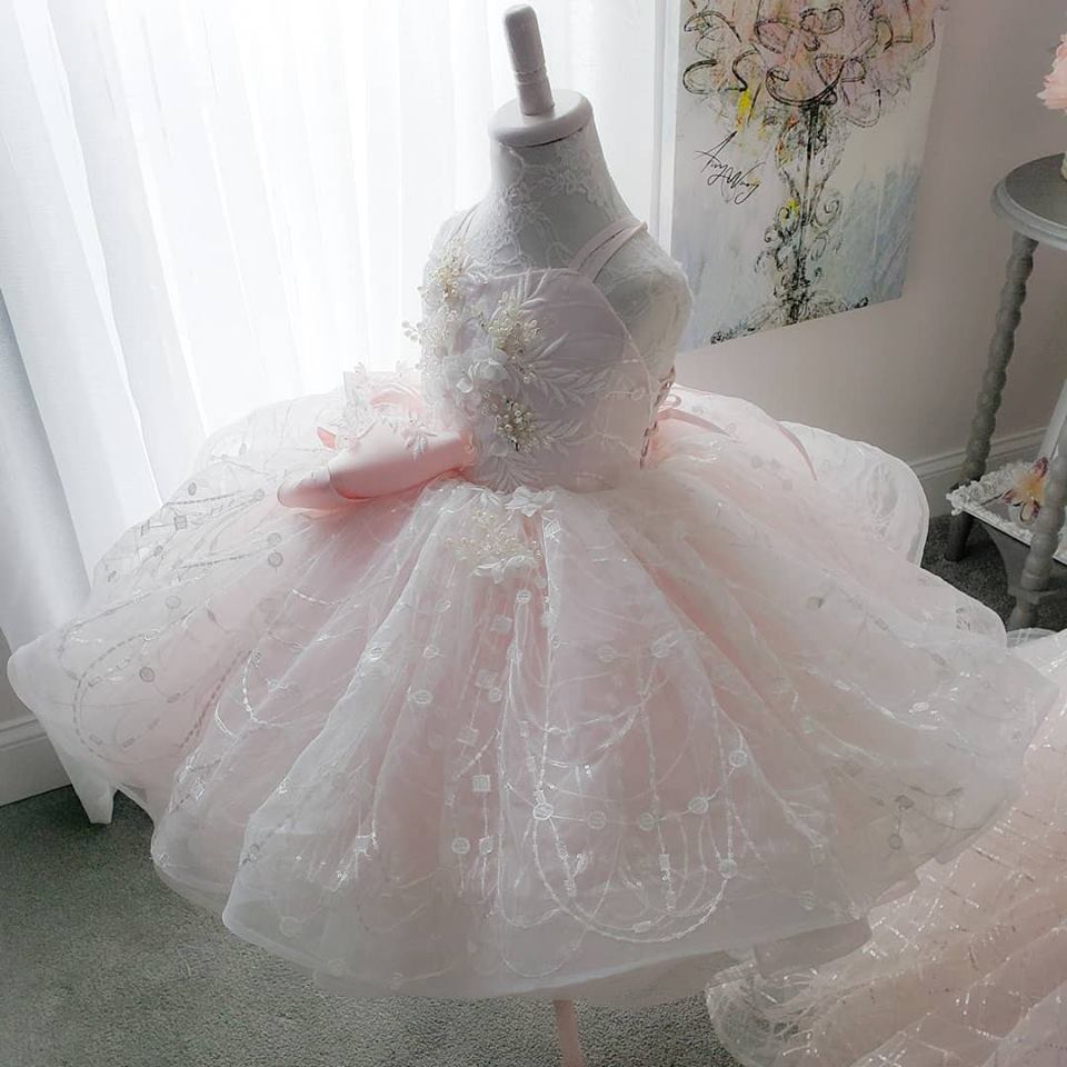 Pink Lace Crystals Pearls Flowers Flower Girl Dresses Backless Little Girl Wedding Dresses Vintage Pageant Dresses Gowns F054