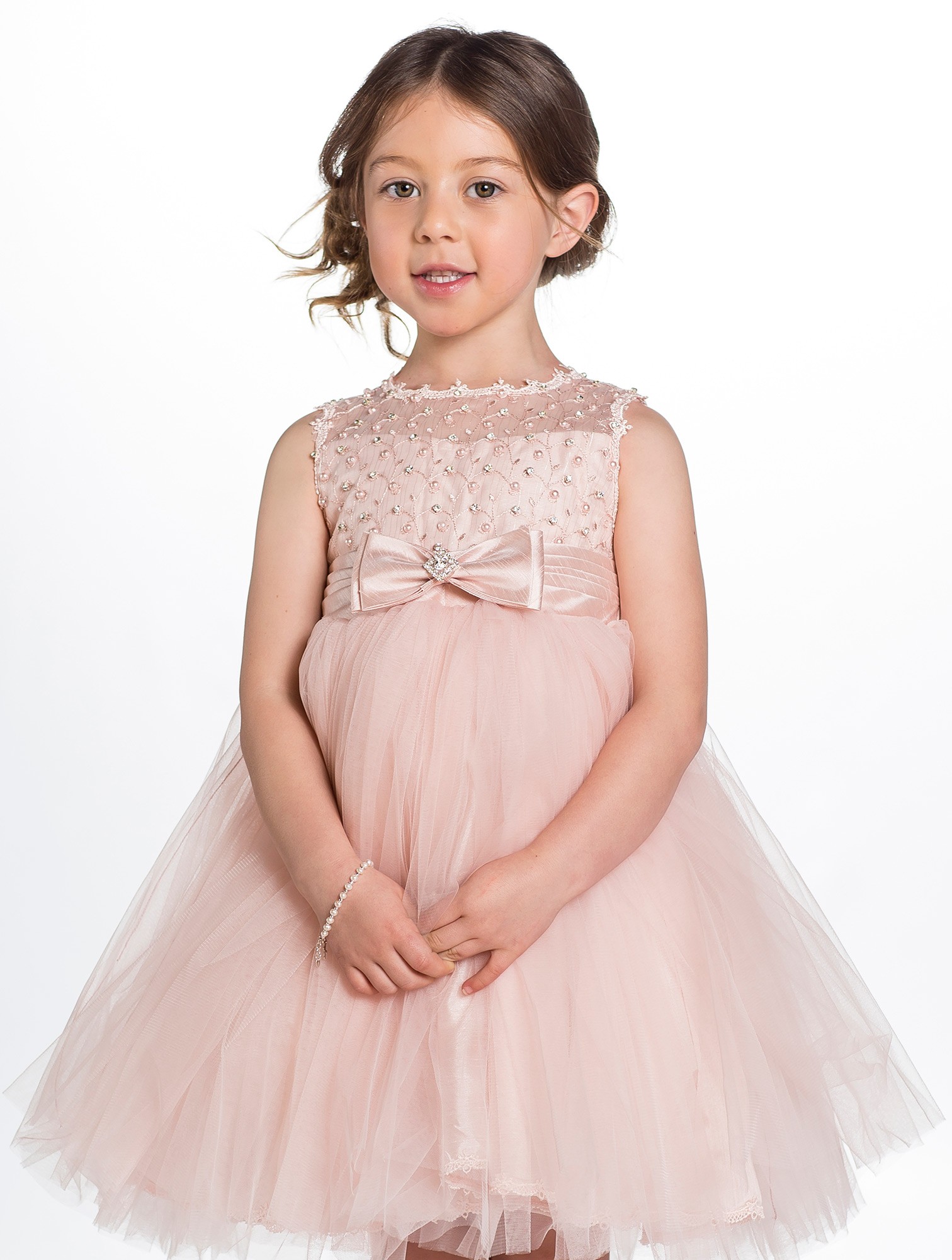 Pink Pearls Flower Girls' Dresses Short Tulle Bow Ball Gown Little Girls Knee Length Pageant Gowns
