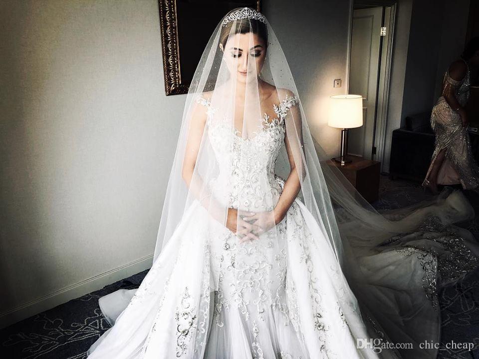 Gorgeous Beaded Lace Arabic Wedding Dresses With Detachable Train Sheer Neck Mermaid Bridal Dresses Tulle Vintage Sexy Wedding Gowns