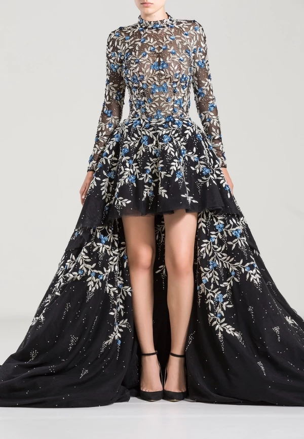 Sexy A Line Prom Dress Beaded Appliqued Illusion Long Sleeve High Low Cocktail Gowns Custom Made Evening Dresses