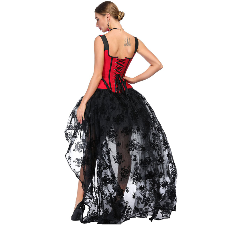 Women Vintage Corset Top with Hi-lo Mesh Skirt Outfit Halterneck Contrast Panel Side Hip Curve Overbust Padded Corset Fashion Burlesque Set