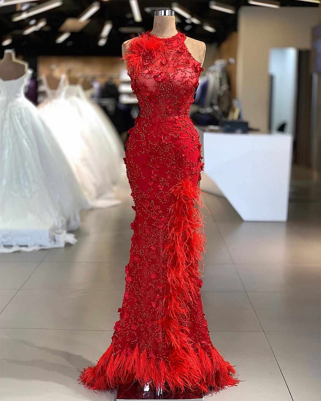 luxury mermaid arabic long evening dresses jewel neck beaded feather floor length middle east prom formal party dresses 3d flowers