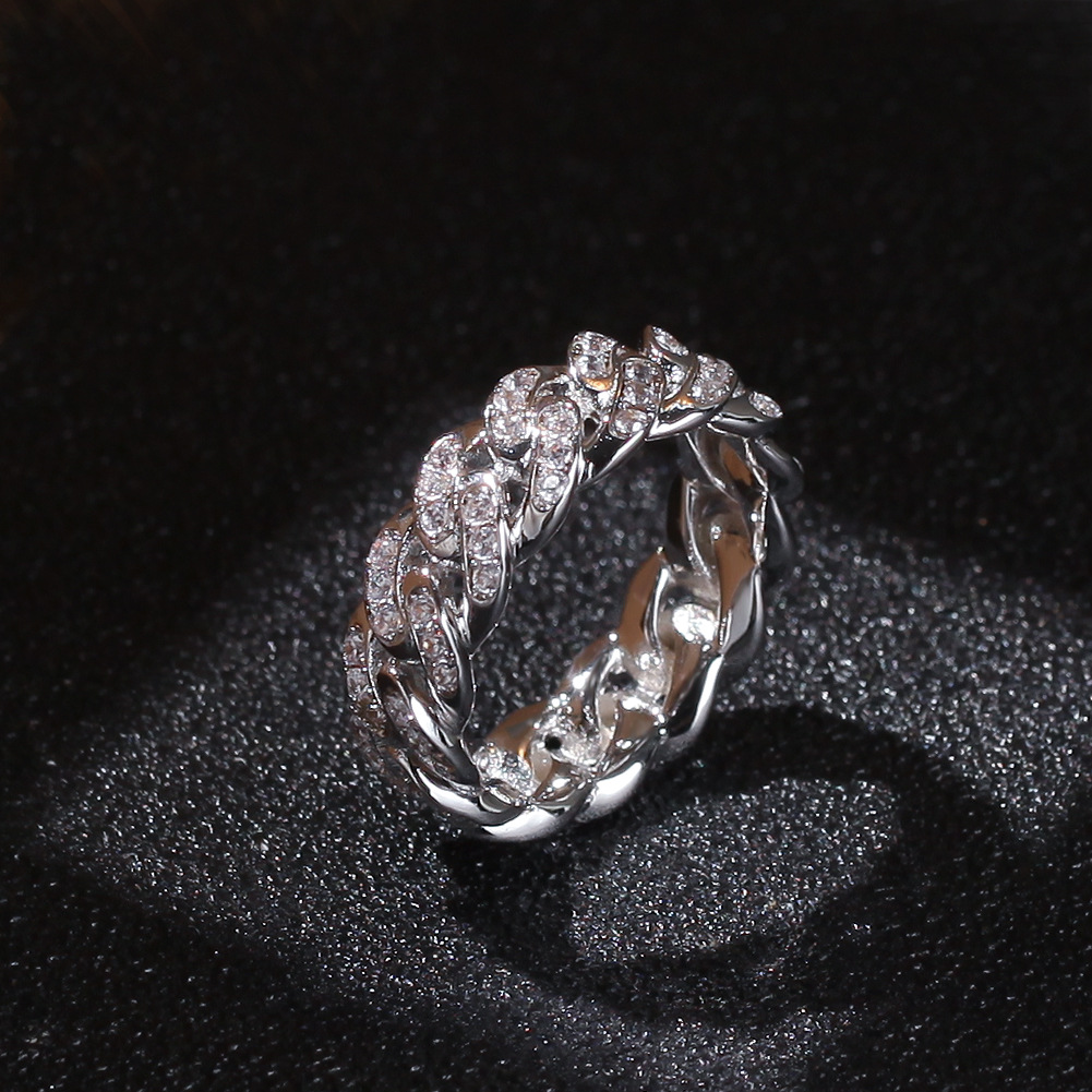 Hip Hop Shining Band Rings 18k Real Gold Plated Cubic Zircon Cuba Chain Finger Ring Jewelry