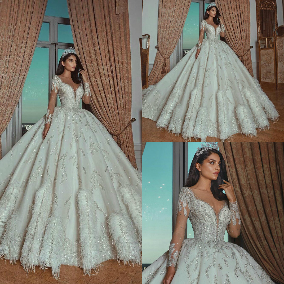 Luxury Arabic Church Wedding Dresses V Neck A Line Feather Long Sleeve Wedding Dress Custom Made Crystal Beaded Vestidos De Novia