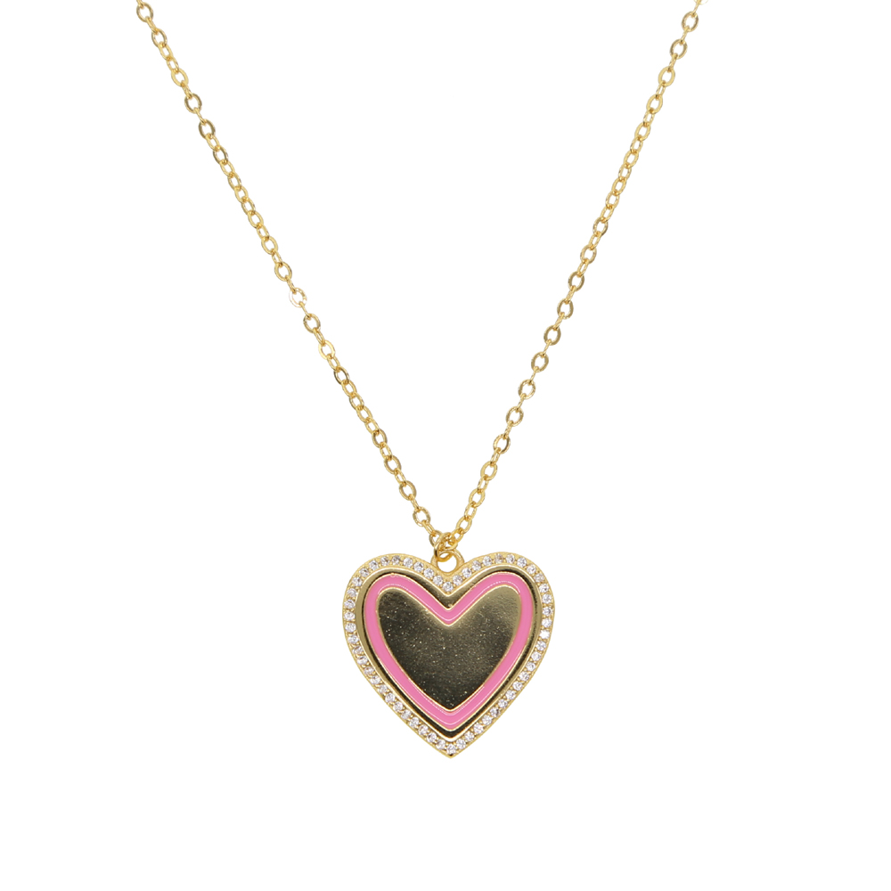 Valentines gift Heart pendant necklace with pink enamel polished heart charm long chain customize engrave name tag necklaces