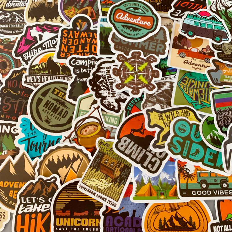 Adventure Travel Car Sticker 50pcs/lot Outdoor Camping Waterproof Unique Stickers for Suitcase Laptop Macbook Skateboard Helmet Motor Decals