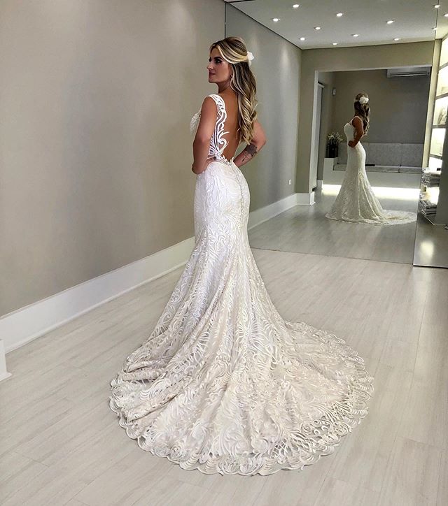 2020 Lace Mermaid Wedding Dresses Sexy Spaghetti Appliques Bridal Gowns Backless Sweep Train Plus Size Wedding Dress