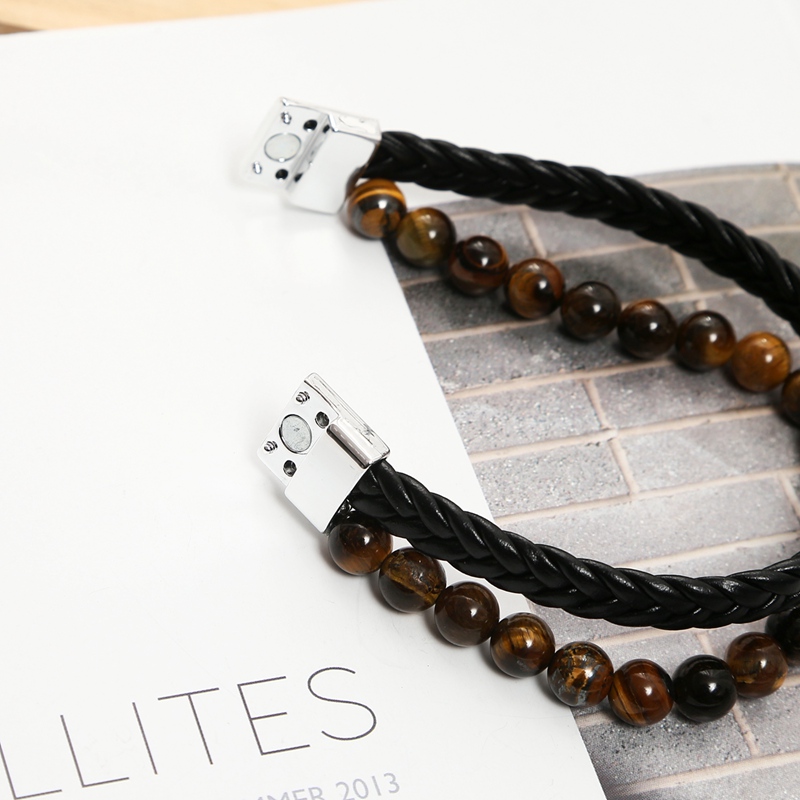 Leather beaded bracelet handmade 2 layer buckle men's temperament charm bracelet daily wear