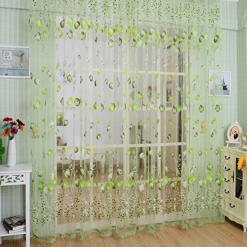 

Shading Tulip Flower Sheer Window Curtain Beads Tassel Door Scarf Drapes Valance TQ, Green