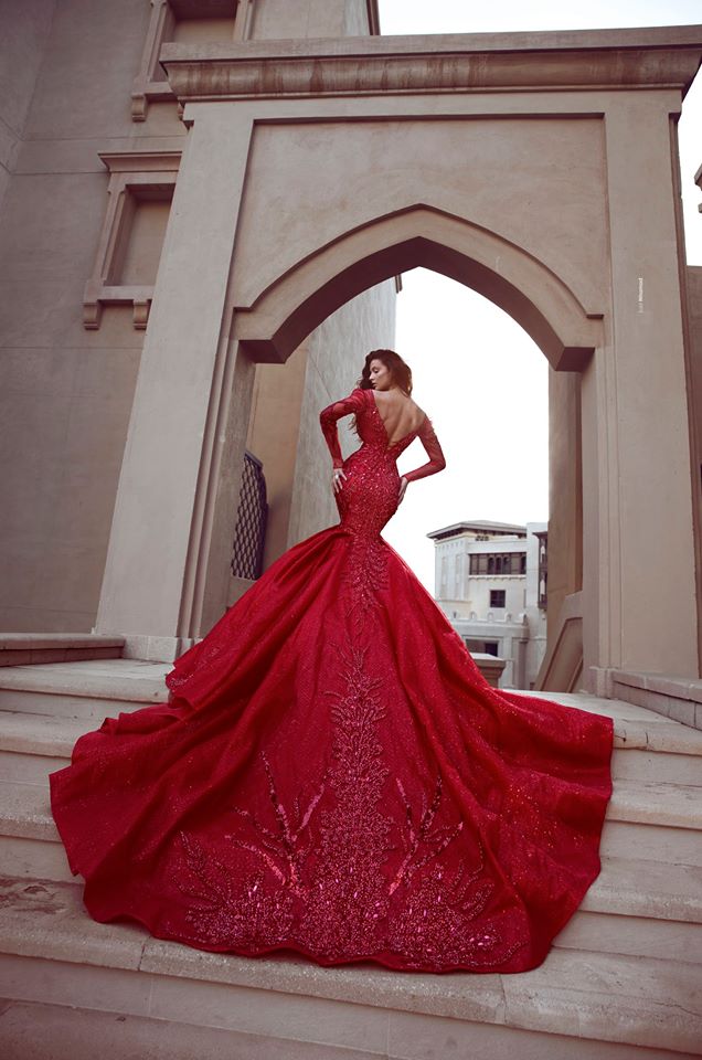 Luxury Red Mermaid Prom Dresses Bling Sheer Long Sleeve Lace Applique Sequins Sweep Train Formal Evening Dresses Custom Made Pageant Dresses