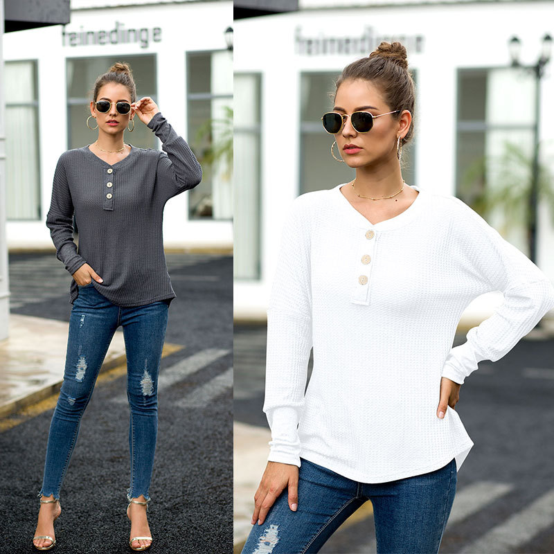 T-Shirt European women's explosion models Henry shirt buckle waffle knit T-shirt support mixed batch