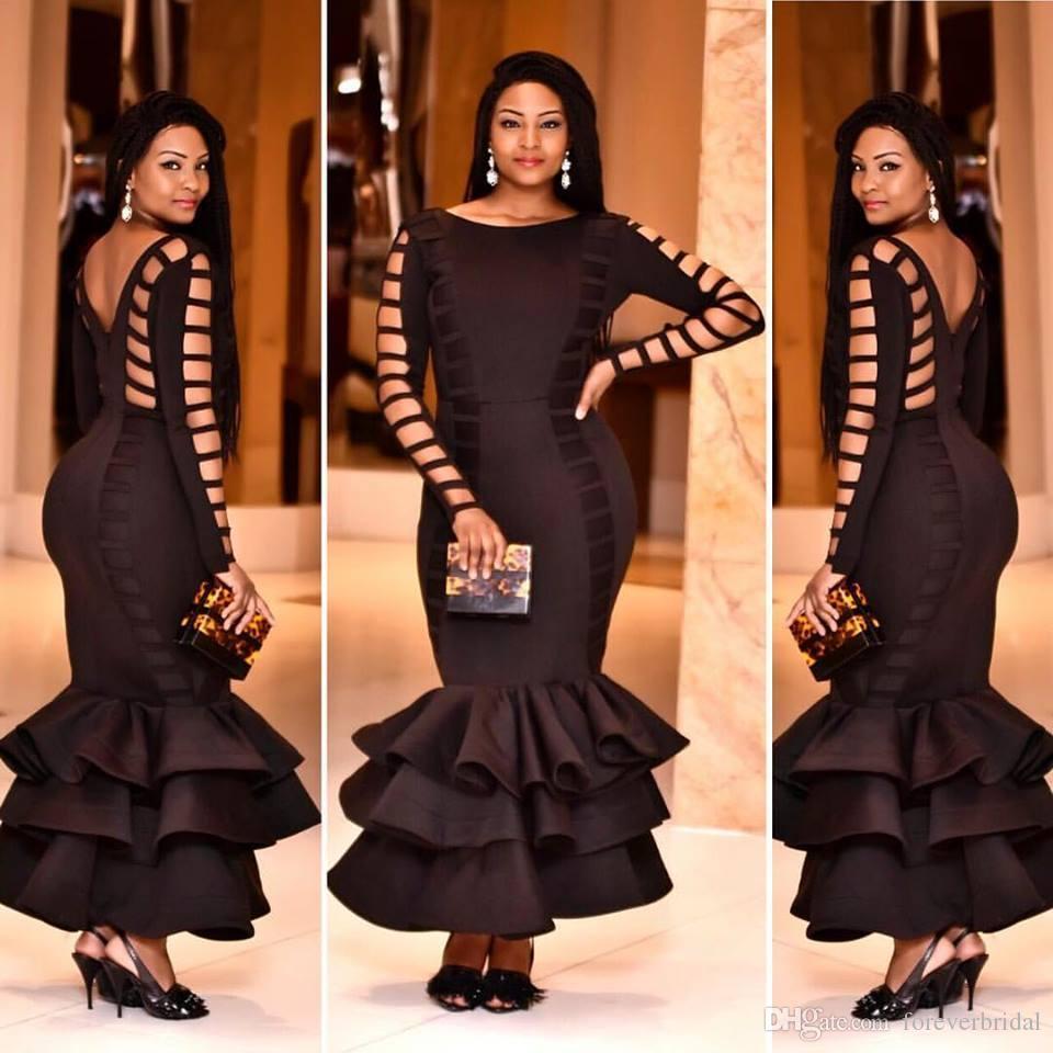 Sexy Mermaid Evening Dresses Black Jewel Neck Ankle Length Special Occasion Dresses Slim Fit Formal Dress