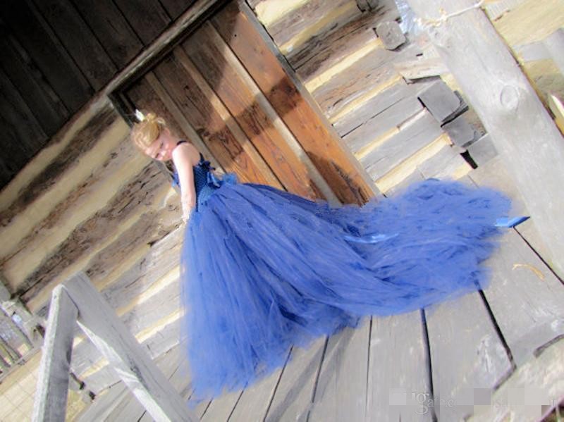 wer Blue Girls Dresses Straps Tulle Chapel Train Sash Bow Princess Formal Wedding Party Gown Ballgown Pageant Wear Custom Made