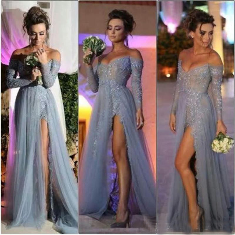 Off-Shoulder Sexy Lace Prom Dresses with Long Sleeve Appliques Sequined Sparkle Evening Gowns Side Split Elegant Grey Formal Dresses