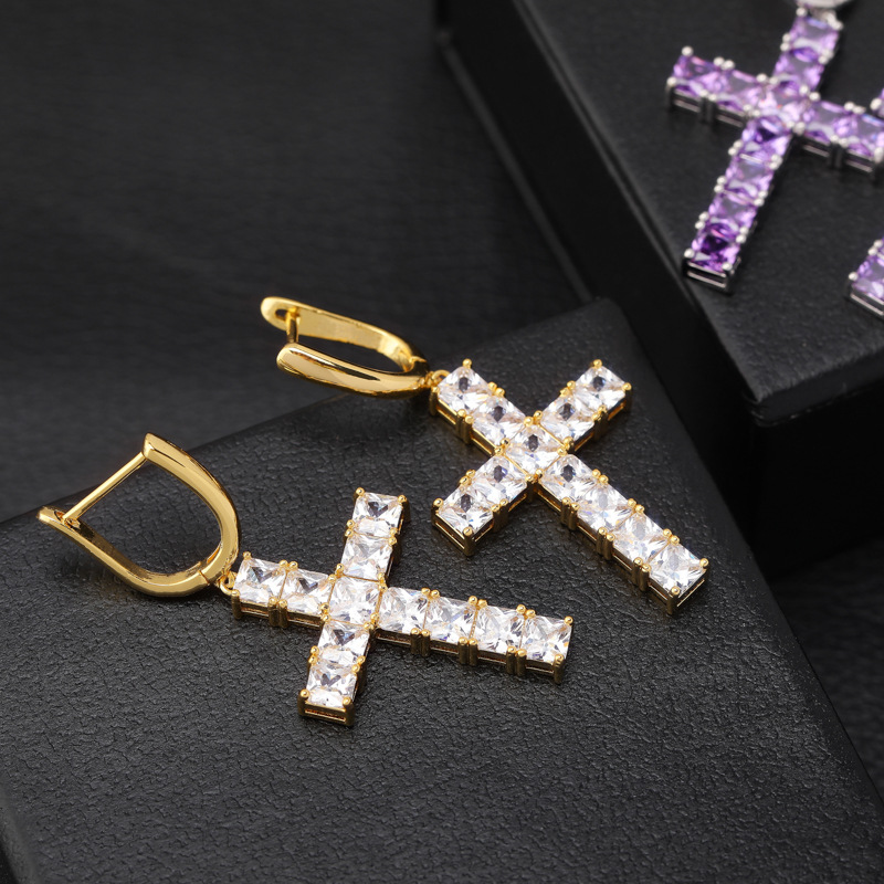 Hip Hop Shining Charm Cross Stud Earrings New Style Colorful Bling Zircon Dangle Earrings Platinum Plated Wholesale