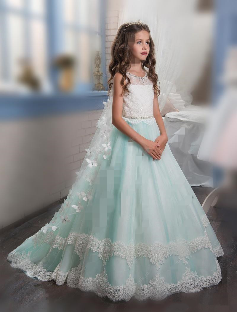 Princess Christmas Flower Girls Dresses For Weddings Sleeveless Butterfly Appliques Beautiful Girls Pageant Dress With Wrap Kids Party Drees