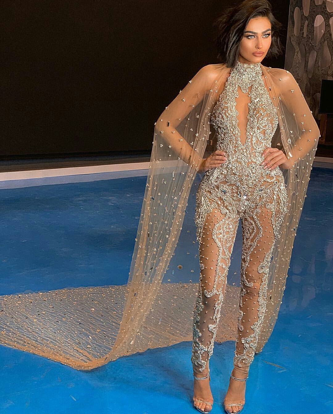 Beaded Crystal Prom Jumpsuits with Wrap Sequins High Neck Illusion Sexy Evening Gowns Women Trouser Suits Formal Dress