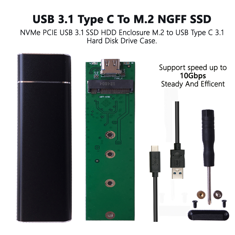 

M.2 NGFF SATA SSD to USB 3.0 / 3.1 Type C External Drive Enclosure Case w/ UASP Black color.