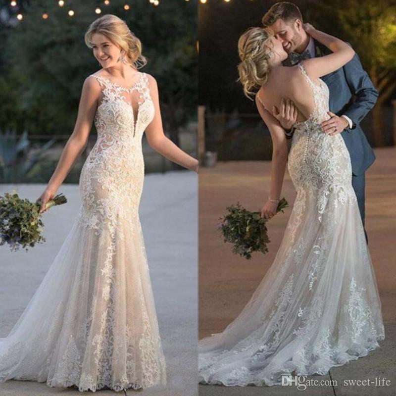 Full Lace Modest Mermaid Dresses Sheer Jewel Neck Backless Sweep Train Plus Size Cheap Wedding Dress Bridal Gowns Vestidos De Novia