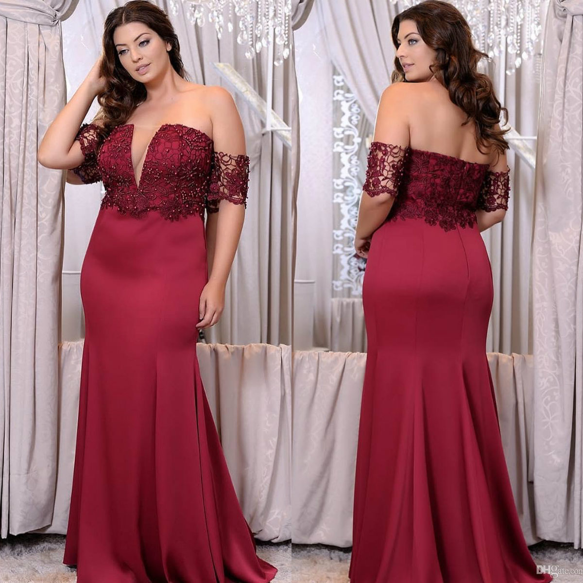 Plus Size Prom Dresses Off The Shoulder Lace Appliques Pearls Short Sleeves Satin Sweep Train Mermaid Evening Gowns Custom Made Party Dress