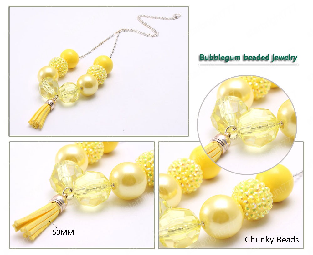 Cute Tassel Pendant Design Girls Kids Chunky Beads Necklace Yellow Bubblegum Handmade Chain Necklace Children Jewelry