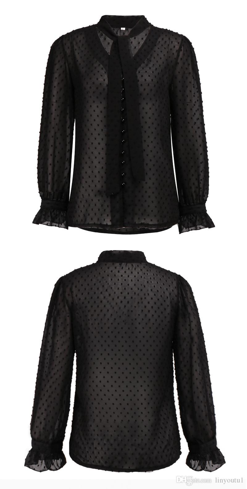 2020 Women's Perspective Button Tie Long Sleeve Top Sexy Chiffon Sheer Mesh Dot prints Top Shirt Office Ladies Work Leisure Clothes