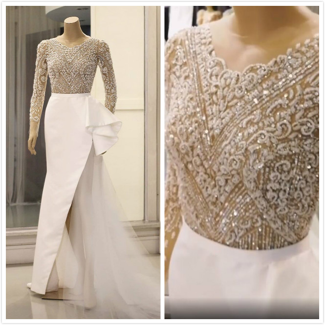 2020 Arabic Aso Ebi Luxurious Beaded Sequins Wedding Dresses Mermaid High Split Bridal Dresses Long Sleeves Wedding Gowns ZJ224