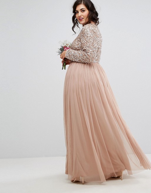 Cheap Champagne Sequined Bridesmaid Dresses With Long Sleeves Jewel Neck Country Maid Of Honor Gowns Floor Length Wedding Guest Dress