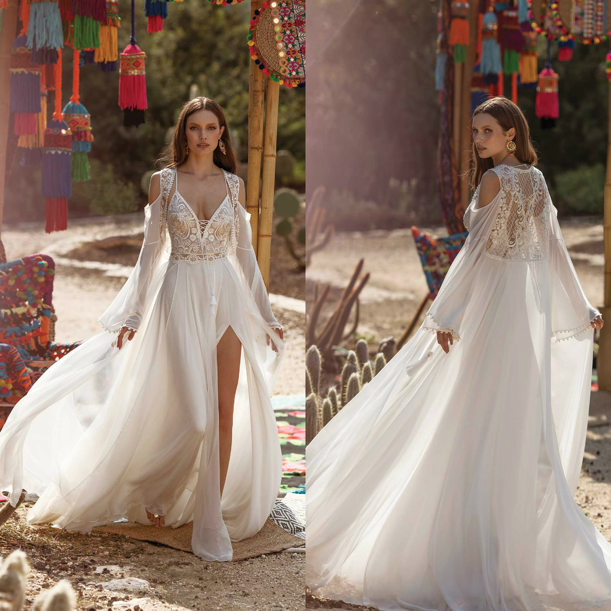 Asaf Dadush 2020 Split Wedding Dresses With Wrap Lace Appliqued Beach Spaghetti V Neck A Line Bridal Gowns Vestido De Novia