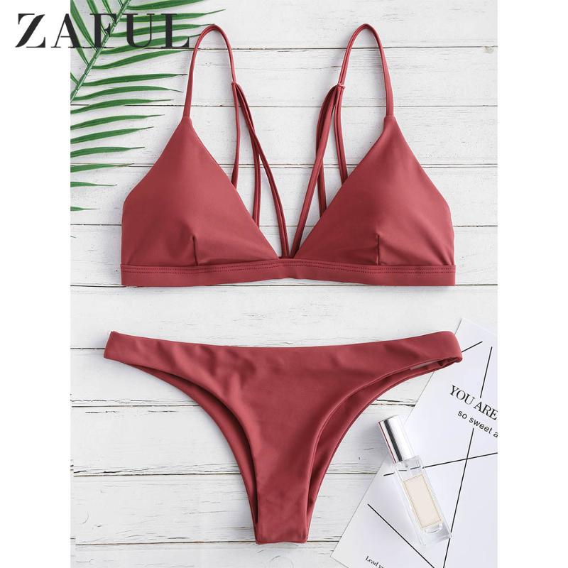 

ZAFUL Back Strappy Padded Bathing Suit Women Spaghetti Straps Thong Bikini Set Padded Solid Two Piece Swimwear Summer Beachwear