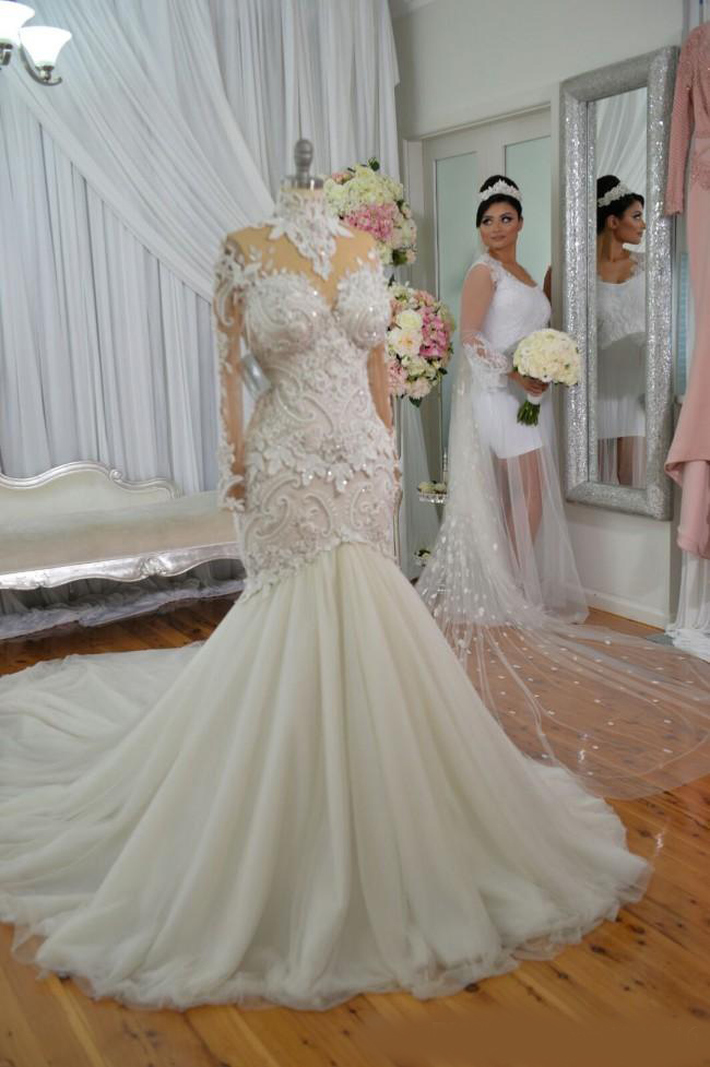 Dubai High-Neck Mermaid Wedding Dresses Bridal Gowns Sheer Long Sleeves Beaded Lace Applique Wedding Gown Sexy Tulle Long Bridal Dress