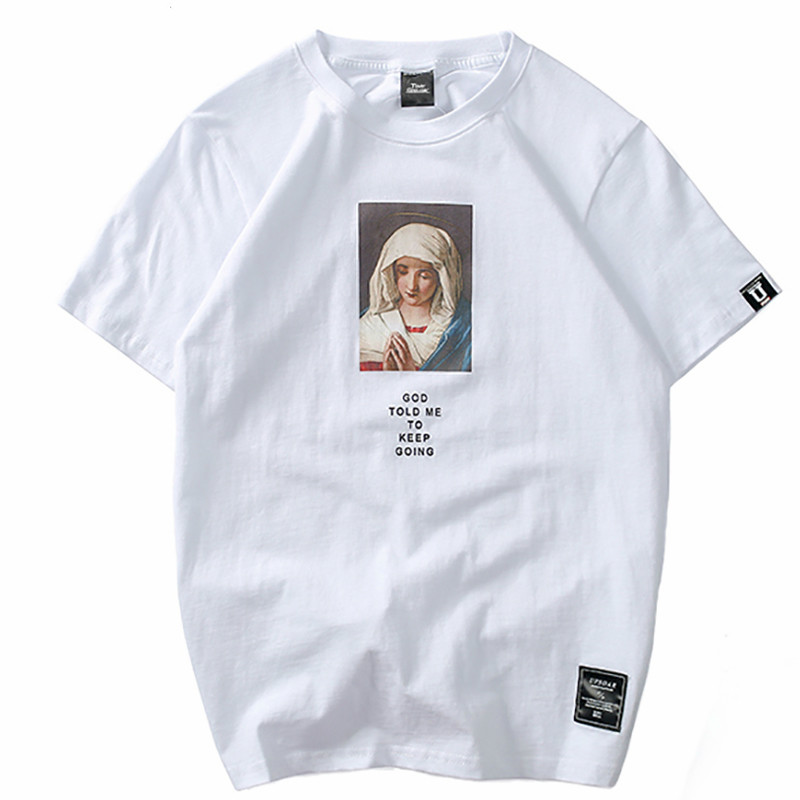 Januarysnow Summer Men's T Shirts Virgin Mary Printed Casual Short Sleeve T-Shirt Cotton Hip Hop Tops Tee Fashion Streetwear Tshirt New