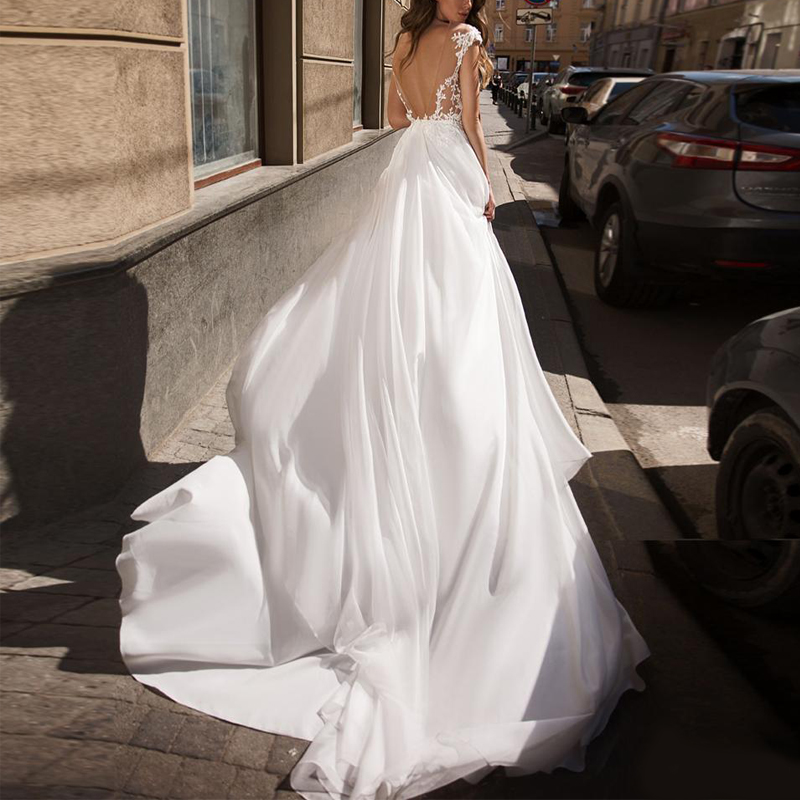 2020 Newest Fashion Lace Chiffon A Line Wedding Dresses Jewel Neck Cap Sleeve Summer Beach Bridal Gown Backless Side Split Vestidos