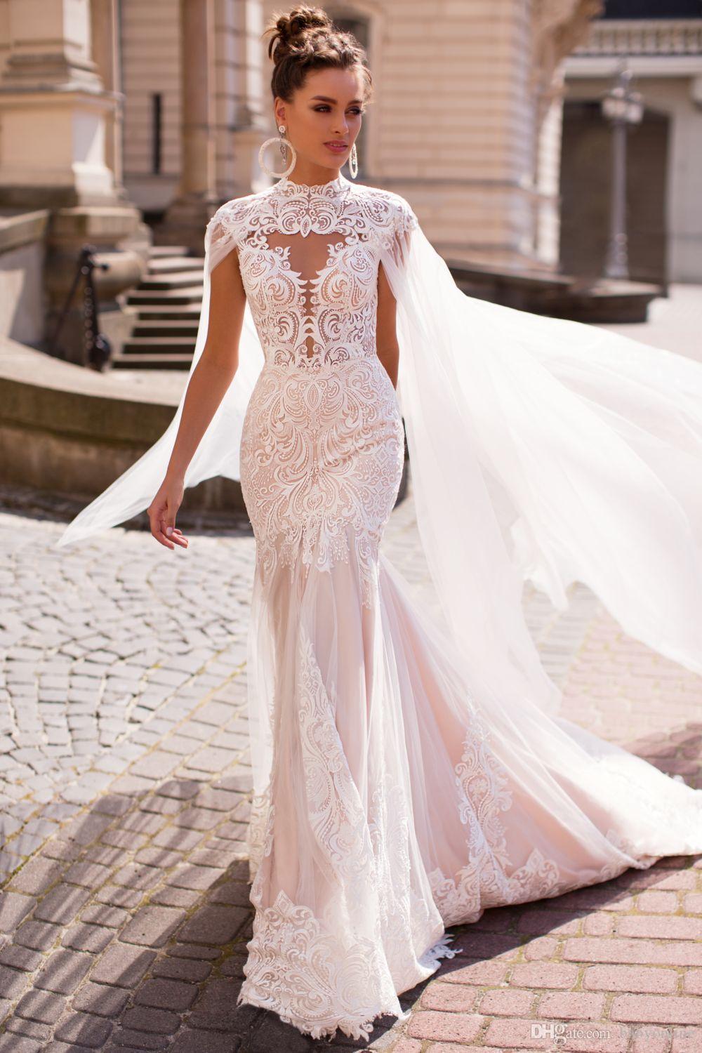 Lace New Stunning White Mermaid Wedding Dresses With Cape Sexy Sheer Button Covered Backless Floor Length Bridal Gowns Vestidos De Soiree
