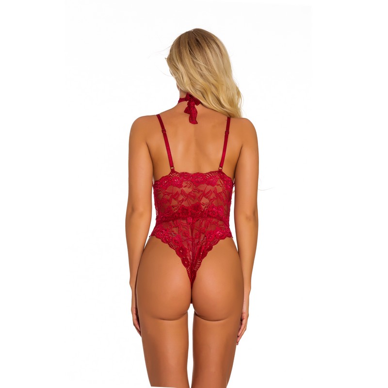 Wome Sexy Plunging Neckline Collared Eyelash Lace and Mesh Teddy Bodysuits with Fixed Straps Classic Sleepwear Lingerie Teddies S-XXL