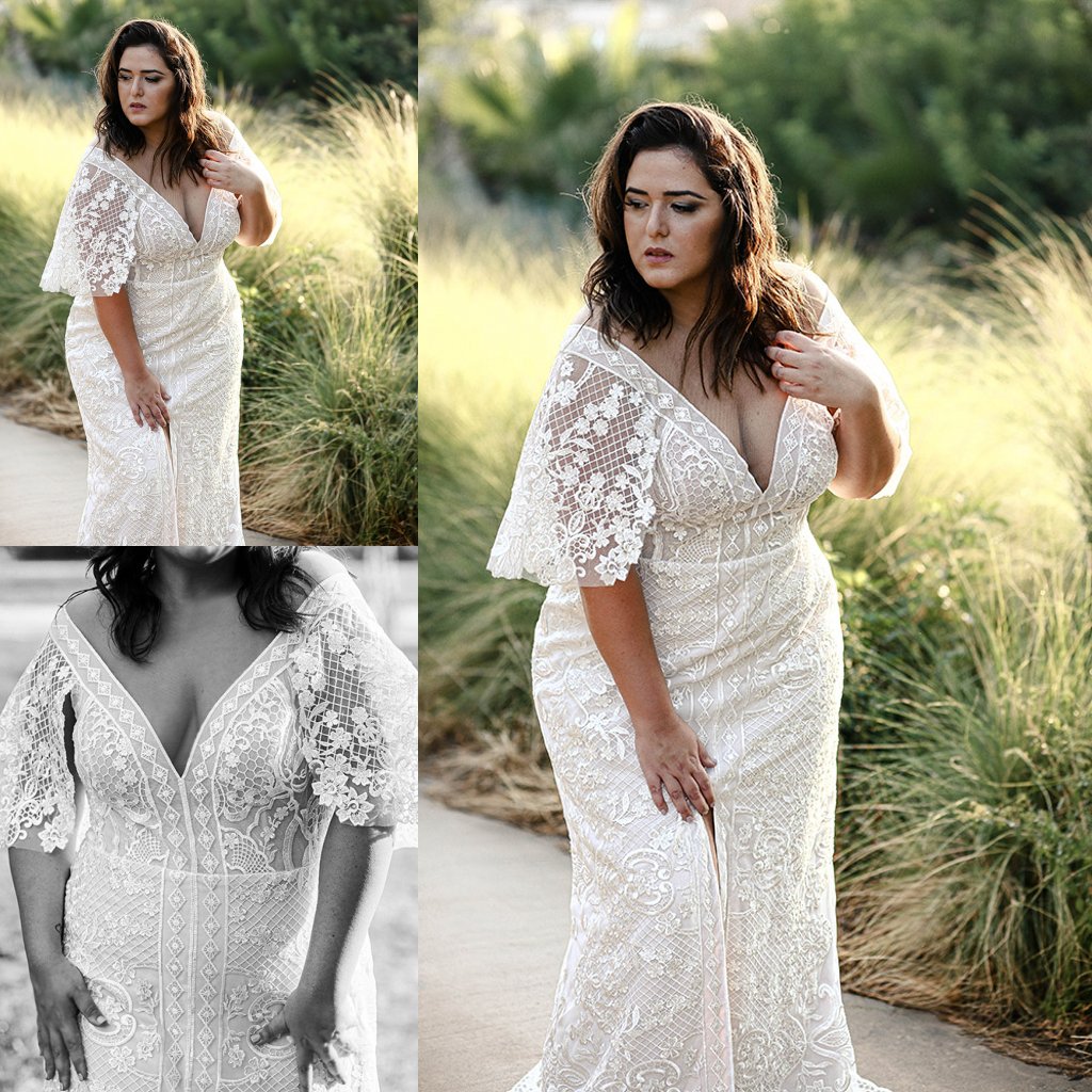 2020 Mermaid Wedding Gowns Lace Tulle Applique Jewel Neck Short Sleeve Plus Size Wedding Dresses Sweep Train Zipper Front Split Bridal Gown