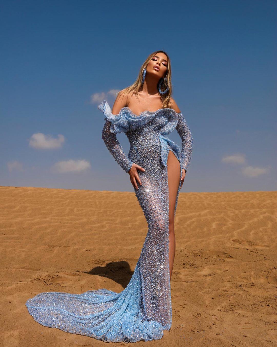 Light Blue Mermaid Evening Dresses Beaded Lace Sequined Long Sleeve Prom Dress High Side Split Sexy Formal Party Gowns