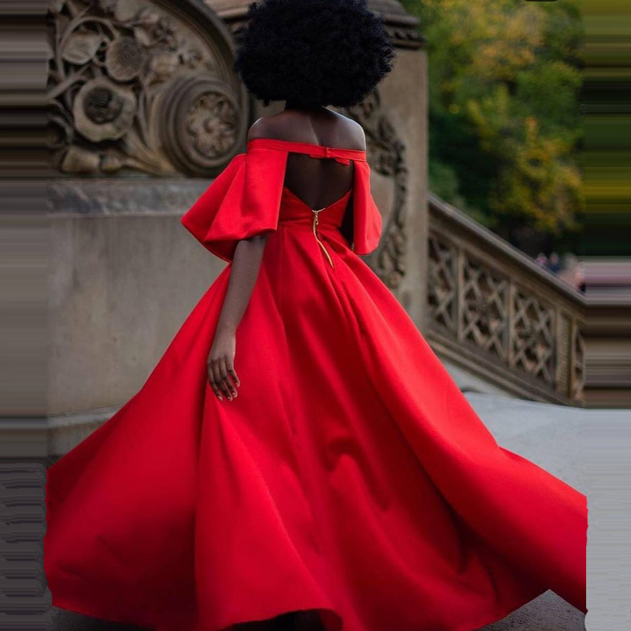 Sexy Red Prom Dresses For Black Girls A Line Satin High Slit Off The Shoulder Sweetheart Open Back Custom Made Evening Gowns