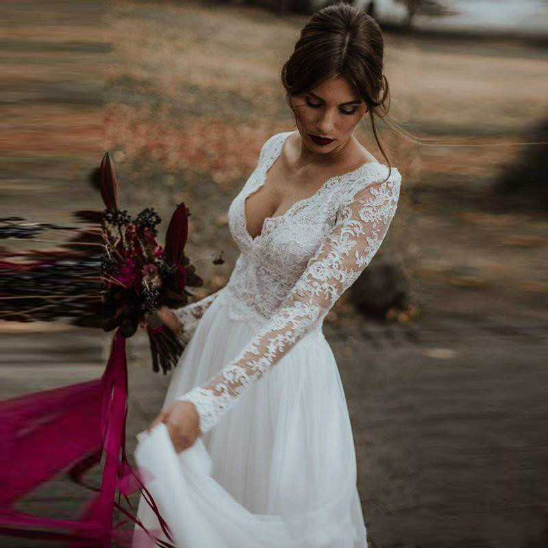 long sleeve boho wedding dresses plus size lace applique v neck tulle beach bridal gowns backless custom made robes de marie
