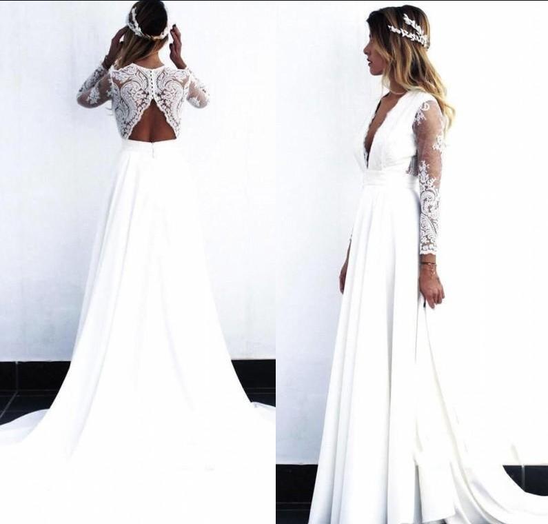 2020 Lace Bohemian Wedding Dresses deep v neck Vintage Lace Long Sleeve Boho Wedding Dress Open Back Bridal Gowns vestido de noiva