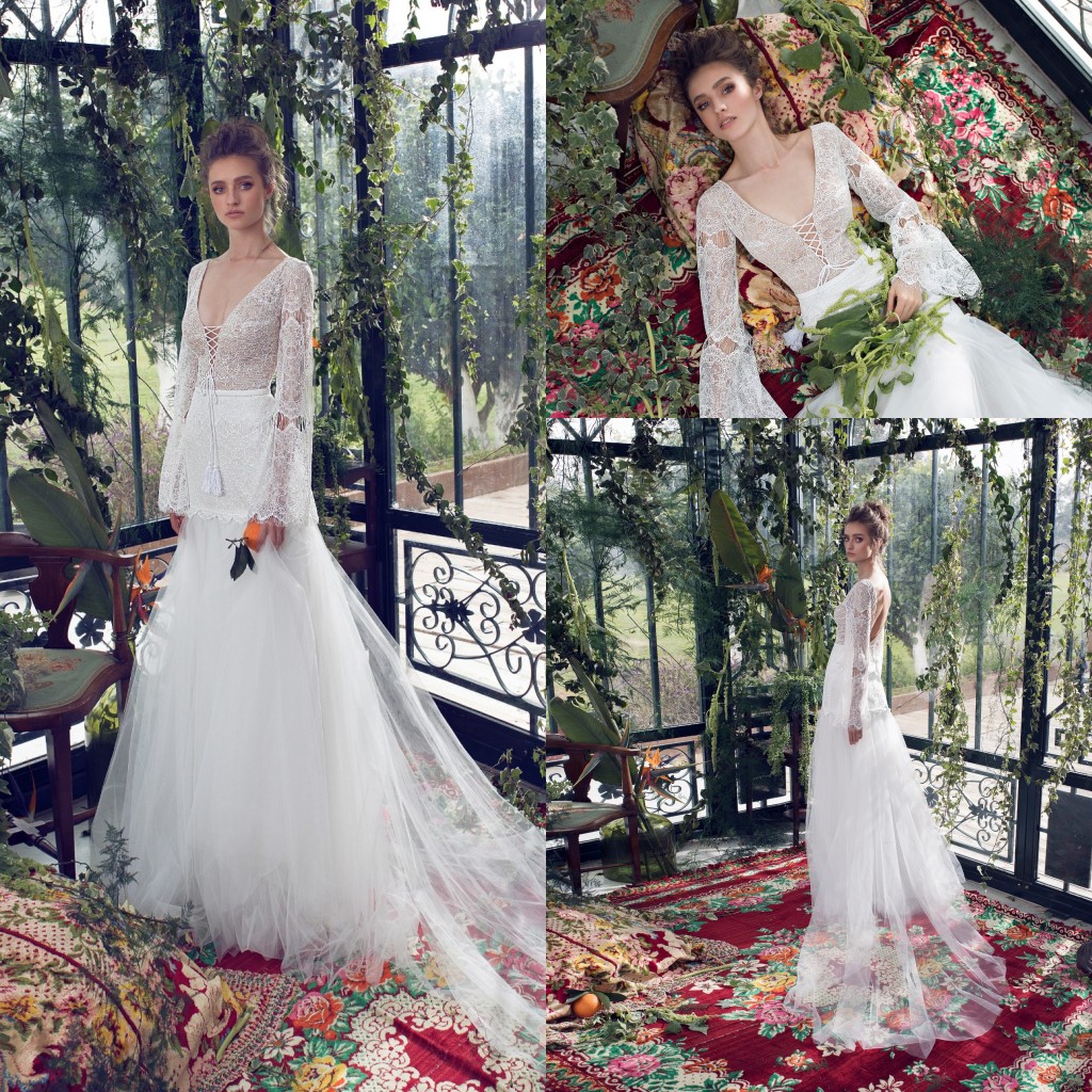 limor rosen bohemian tassel wedding dresses a line v neck lace long sleeve bridal dress boho sweep train tulle bridal gowns