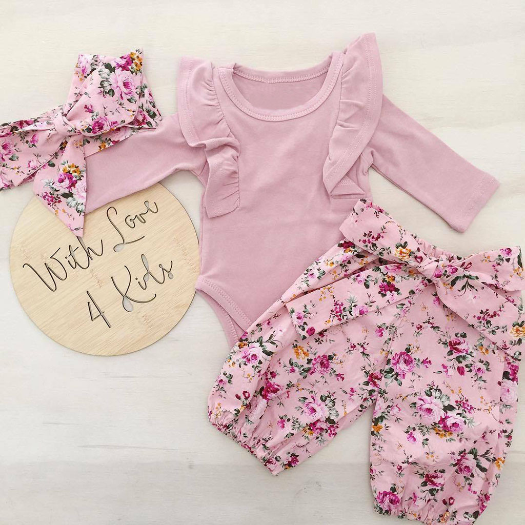 Baby Girls Clothes Set 3PCs Solid Jumpsuit Romper+Floral Print Pants+Headband Outfits roupas infantis menina costume for