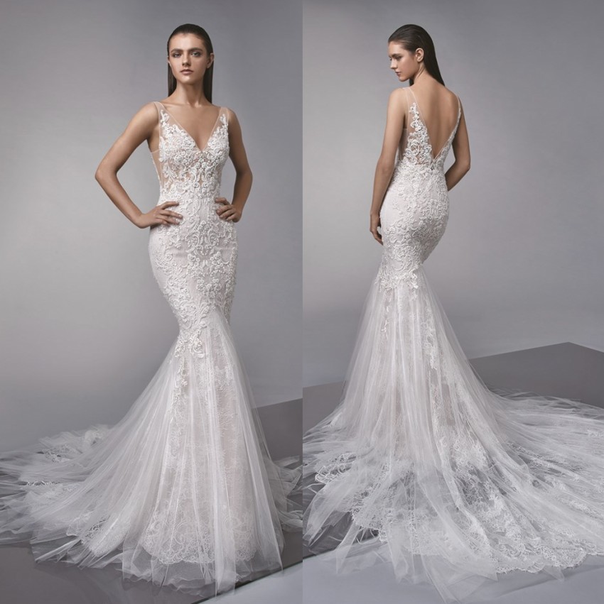 Lace Stunning Mermaid Backless Wedding Dresses V Neck Beaded Bridal Gowns Appliqued Trumpet Tulle Plus Size Robe De Marie