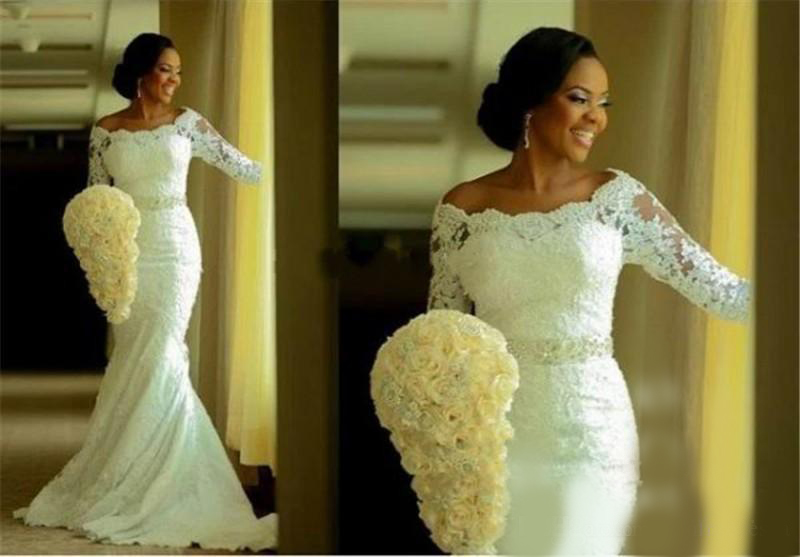 2020 African Black Girls Latest 3/4 Sleeve Lace Mermaid Wedding Dresses Appliques Beaded Bride Dresses Zipper Back Wedding Gowns