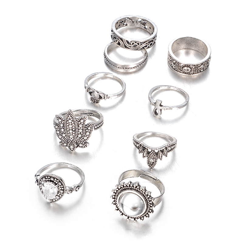9 pieces of silver vintage ethnic style exaggerated gems combination bohemian stack ring rhinestone joint ring nail ring set for female girl